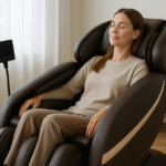 Femme détendue dans un fauteuil massant dans un intérieur lumineux