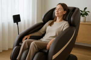 Femme détendue dans un fauteuil massant dans un intérieur lumineux