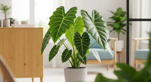 Une main arrosant délicatement un "Alocasia" en pot, illustrant le soin précis nécessaire à l'entretien de cette plante tropicale