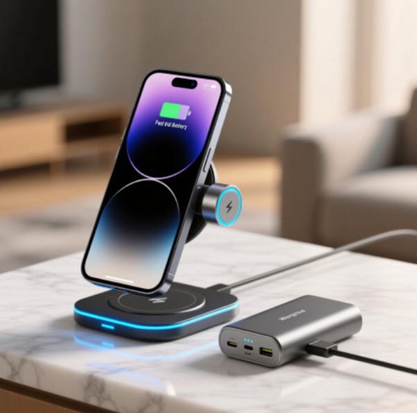 Un iPhone est posé sur un support de charge sans fil MagSafe à côté d'une batterie externe compacte