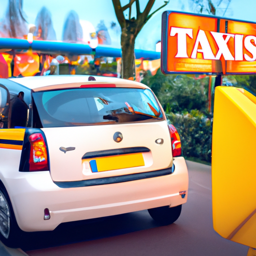 Vue extérieure d'un taxi moderne près d'un panneau indiquant 'Disneyland Paris'